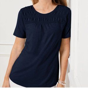 NWT Talbots XS Smocked Crewneck Tee Navy Blue Cotton Modal